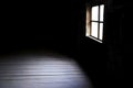 Darkness and horror, background with copy space. Inside in an empty dark room of an old abandoned house with black walls mystical Royalty Free Stock Photo