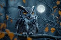 Darkness surrounds as a night owl perches on a tree