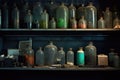 darkroom timer and chemical bottles on a shelf Royalty Free Stock Photo