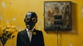 Darksynth-inspired Electrician In Gas Mask Against Yellow Wall