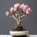 Darktable-processed Bonsai Tree With Flowers And Moss In A Vase