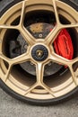 Darlington UK; August 2020: Gold lamborghini wheel trims at an Auto Show car show