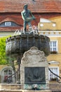 Darlowo, Poland - Historic quarter with famous Fountain - Fisherman Memorial at the market square