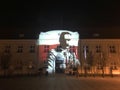 Darlowo, Poland 2021, November 11: Independence day in Poland, the Town Hall building with Pilsudski Marshall face displayed on