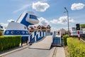 Darlowo, zachodni-pomorskie / Poland - June, 4, 2020: Bridge across the river in the port city. Buildings in the port of Central Royalty Free Stock Photo