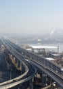 Darnytsky railway and automobile bridge, top view in the misty autumn or winter day