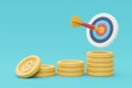 Dart arrow hit the center target of dartboard with coin stacks,3d rendering