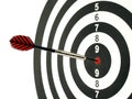 dart arrow hitting bullseye target in dartboard isolated on white, aiming to achieve, perfection goal success