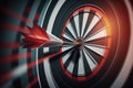 Dart board and arrow in middle. Business and success concept. Achievement and target theme. Orange sun light effect. High contrast Royalty Free Stock Photo