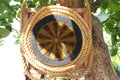 A dart board hanging