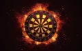 Dart board target in burning flames close up on dark brown background.