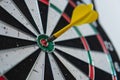 Dart in the center of a shooting target. Yellow dart Royalty Free Stock Photo