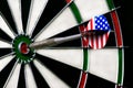 Dart hitting bullseye on dartboard Royalty Free Stock Photo