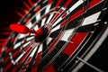 Dart hitting the center of bulls eye target with red and black darts. Generative AI