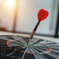 A dart is precisely embedded in the bullseye of a dartboard Royalty Free Stock Photo