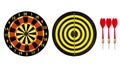 Dart target board and red dart arrow on white background.