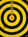 Dartboard with dart arrow in bullseye, close up Royalty Free Stock Photo