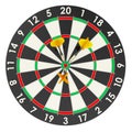 Dartboard with darts in bullseye, front view. 3D rendering Royalty Free Stock Photo