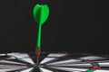 Dartboard with green dart stuck in center Royalty Free Stock Photo