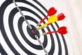 Dartboard with hit bullseye on white background, closeup. Royalty Free Stock Photo