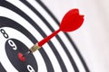 Dartboard with hit bullseye on white background, closeup.