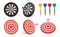 Dartboard vector icon set. Black and red dart board with arrows for darts game. Business target symbol