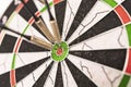 Darts arrows in the target center. Dart in bulls eye of dartboard with shallow depth of field