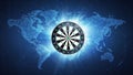 Darts board flying on world map background. Royalty Free Stock Photo