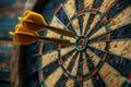 Darts in the center of dartboard. A closeup of darts in flight Royalty Free Stock Photo