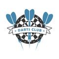 Darts club logo. Template for sport emblem with dart, dartboard and ribbon. Vector.