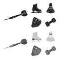 Darts darts, white skate skates, badminton shuttlecock, glove for the game.Sport set collection icons in black