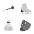 Darts darts, white skate skates, badminton shuttlecock, glove for the game.Sport set collection icons in monochrome