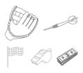 Darts for the game of darts, whistle for the referee, glove for playing baseball, checkbox for the football field. Sport