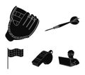 Darts for the game of darts, whistle for the referee, glove for playing baseball, checkbox for the football field. Sport