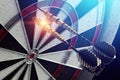 Darts, a golden dart stuck in a target. Dartboard is the target and goal. Business getting into the target audience. 3D