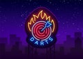 Darts Logo in Neon Style. Neon Sign, Bright Night Advertising, Light Banner. Vecton illustration. Billboard