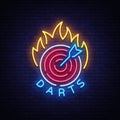 Darts Logo in Neon Style. Neon Sign, Bright Night Advertising, Light Banner. Vecton illustration Royalty Free Stock Photo
