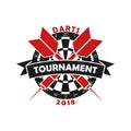 Darts tournament logo. Template for sport championship emblem with dart, dartboard and ribbon. Vector. Royalty Free Stock Photo