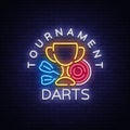 Darts Tournament neon sign. Vector illustration. Bright nightly Darts advertising, neon logo, symbol, lightweight banner Royalty Free Stock Photo