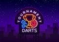 Darts Tournament neon sign. Vector illustration. Bright nightly Darts advertising, neon logo, symbol, lightweight banner Royalty Free Stock Photo