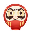 Daruma red traditional japan doll talisman with angry face, geld elements in cartoon style isolated on white background.