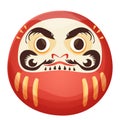 Daruma red traditional japan doll talisman with angry face, geld elements in cartoon style isolated on white background.