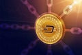 Dash. Crypto currency. Block chain. 3D isometric Physical Dash coin with wireframe chain. Blockchain concept. Editable Cryptocurre