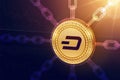 Dash. Crypto currency. Block chain. 3D isometric Physical Dash coin with wireframe chain. Blockchain concept. Editable Cryptocurre