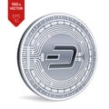 Dash. Crypto currency. 3D isometric Physical coin. Digital currency. Silver coin with Dash symbol on white background. Bl