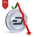 Dash. Fall. Red arrow down. Dash index rating go down on exchange market. Crypto currency. 3D isometric Physical Silver coin isola