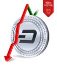 Dash. Fall. Red arrow down. Dash index rating go down on exchange market. Crypto currency. 3D isometric Physical Silver