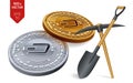 Dash mining concept. 3D isometric Physical bit coin with pickaxe and shovel. Digital currency. Cryptocurrency. Golden and silver D