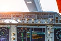Dashboard autopilot parameters in a passenger airliner aircraft, close up view Royalty Free Stock Photo