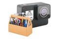 Dashboard camera with toolbox. Service and repair of dash am DVR, 3D rendering